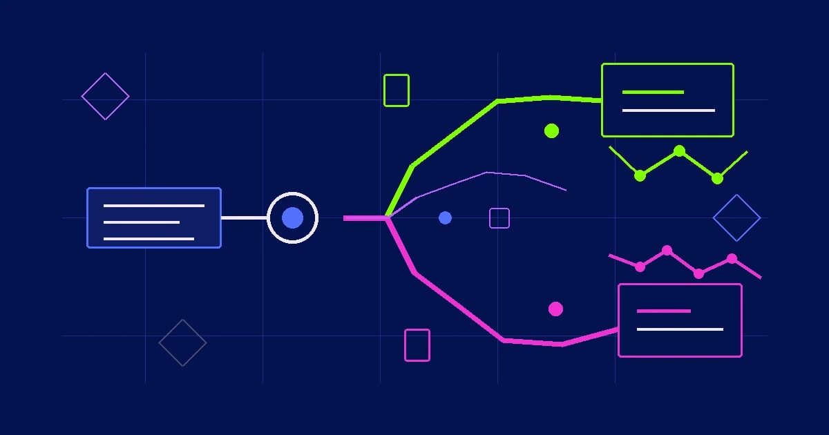 Abstract decision node splitting into a governed green branch and an uncontrolled magenta branch on a navy canvas.