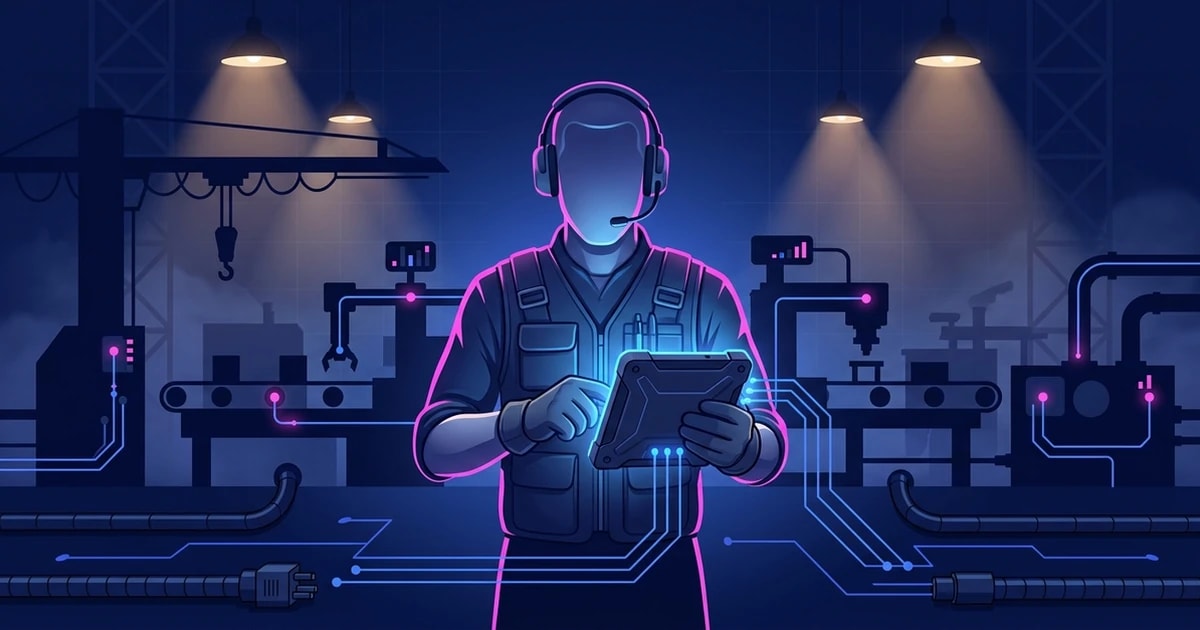 Abstract super powered AI engineer in practical deployment gear inside an industrial enterprise AI setting.
