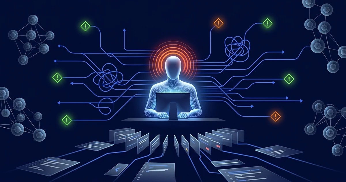 Abstract AI coder under pressure at a workstation surrounded by tangled code paths, warnings, review queues and dependency nodes.