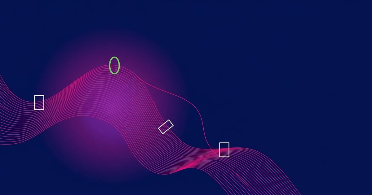 Abstract wireframe governance wave in magenta on navy with checkpoint gates and one green approval ring.