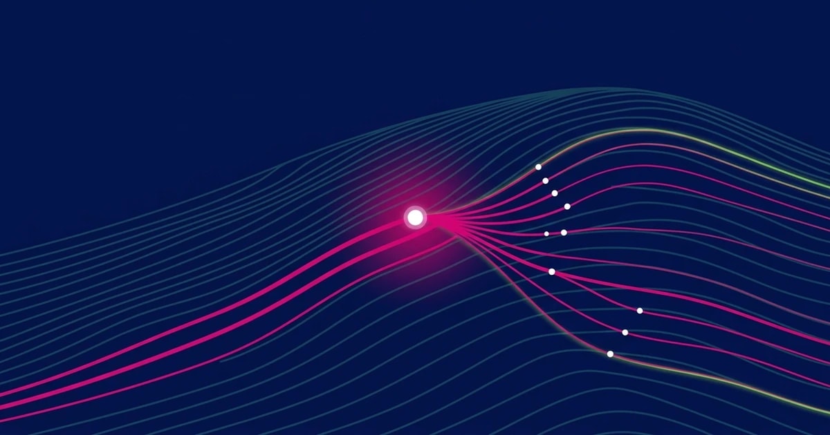 Abstract navy wireframe wave with magenta strands splitting into finer lines, green accents, and white handoff nodes.