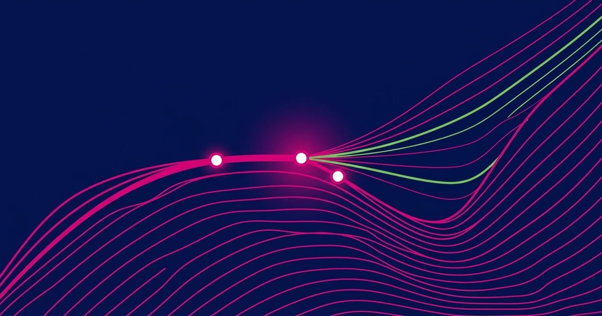 Abstract navy wireframe wave with magenta strands splitting into finer lines, green accents, and white handoff nodes.