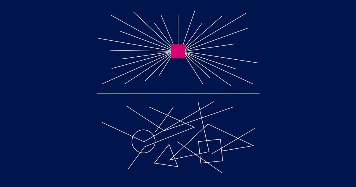 Abstract geometric MCP versus API composition with converging white lines into a magenta square above and fragmented white outline shapes below on navy.