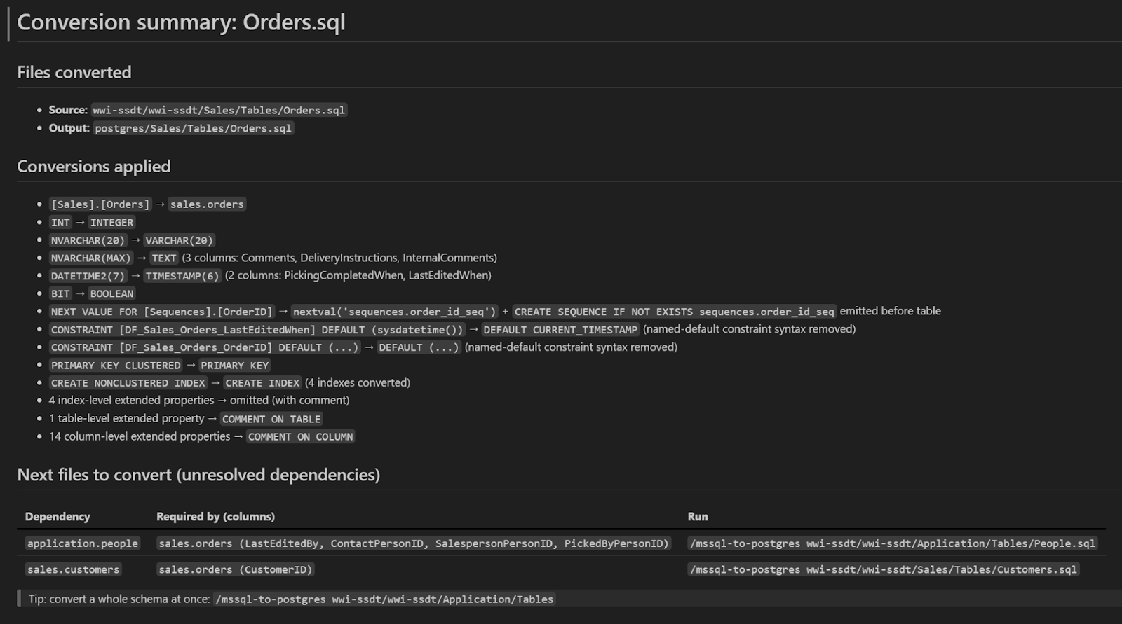 Conversion summary for Orders.sql showing MSSQL to PostgreSQL conversions applied, including data type mappings, constraint removals, and the dependency queue listing next files to migrate