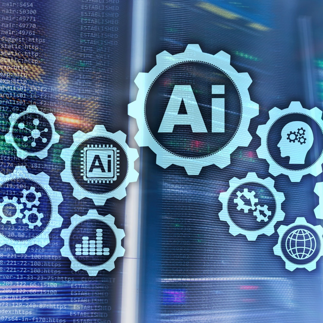 A dynamic AI-driven workflow interface showcasing automation of business processes, with interactive chat-driven applications and system integrations.
